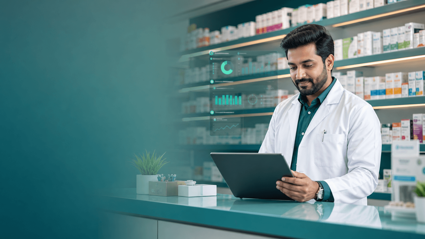 Indian pharmacist using a digital platform at a modern pharmacy counter